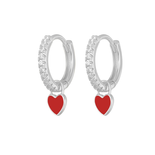 925 Sterling Silver Hoop Earrings With Cute Candy Neon Color Enamel Heart Charm Drop Earring Gold Silver Color For Girls