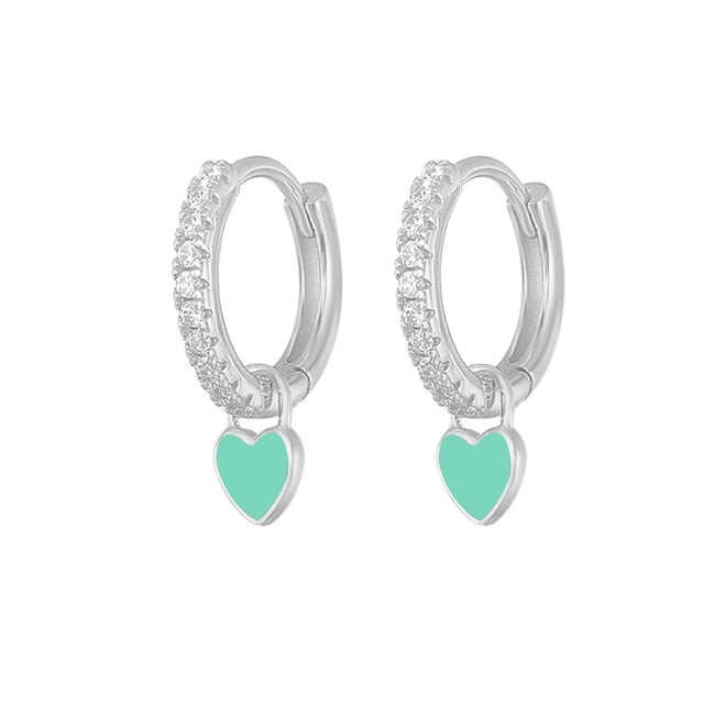 925 Sterling Silver Hoop Earrings With Cute Candy Neon Color Enamel Heart Charm Drop Earring Gold Silver Color For Girls