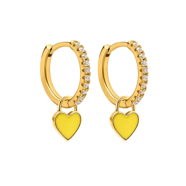 925 Sterling Silver Hoop Earrings With Cute Candy Neon Color Enamel Heart Charm Drop Earring Gold Silver Color For Girls