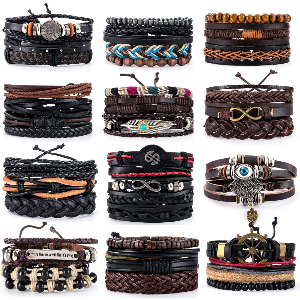 Retro Multi-layer Leather Bracelets For Man Wooden Beads Bracelet Handmade Owl Anchor Infinty Charm Bracelet Wrap Jewel