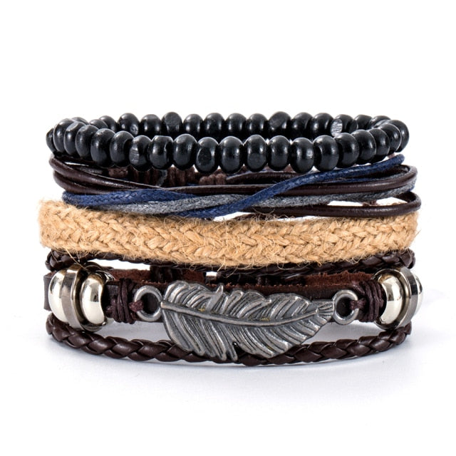 Retro Multi-layer Leather Bracelets For Man Wooden Beads Bracelet Handmade Owl Anchor Infinty Charm Bracelet Wrap Jewel