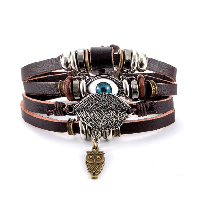 Retro Multi-layer Leather Bracelets For Man Wooden Beads Bracelet Handmade Owl Anchor Infinty Charm Bracelet Wrap Jewel