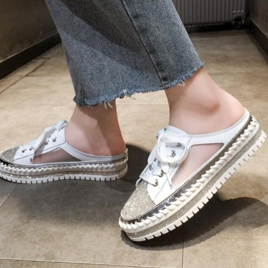 Crystals Round Toe Leather Flats Shoes Women Silver Bling Loafers Couple Platform Shoes Woman Flat With Students Size 43