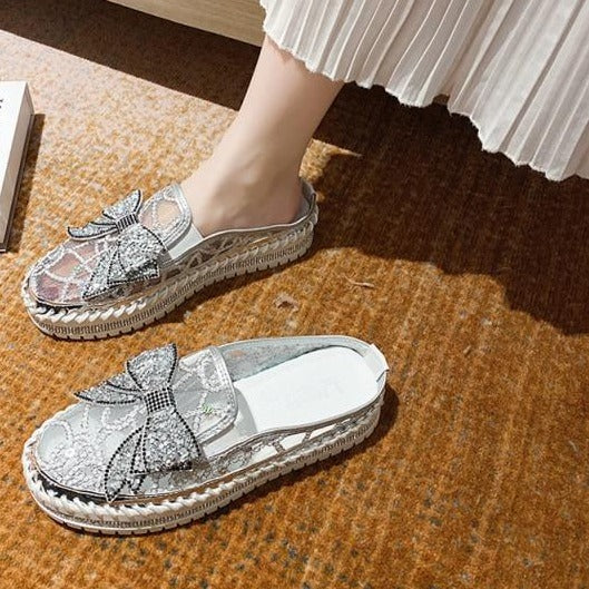 Crystals Round Toe Leather Flats Shoes Women Silver Bling Loafers Couple Platform Shoes Woman Flat With Students Size 43