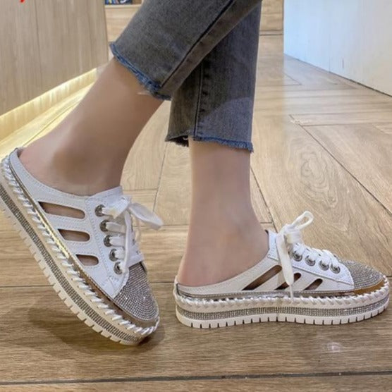 Crystals Round Toe Leather Flats Shoes Women Silver Bling Loafers Couple Platform Shoes Woman Flat With Students Size 43