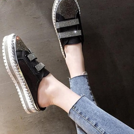 Crystals Round Toe Leather Flats Shoes Women Silver Bling Loafers Couple Platform Shoes Woman Flat With Students Size 43