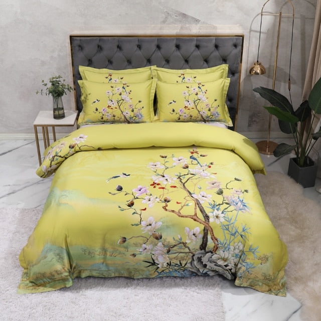 Egyptian Cotton Bedding Queen King size 4Pcs Birds and Flowers Leaf Gray Shabby Duvet Cover Bed sheet Pillow shams
