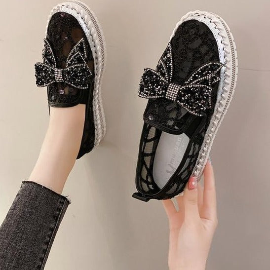 Crystals Round Toe Leather Flats Shoes Women Silver Bling Loafers Couple Platform Shoes Woman Flat With Students Size 43