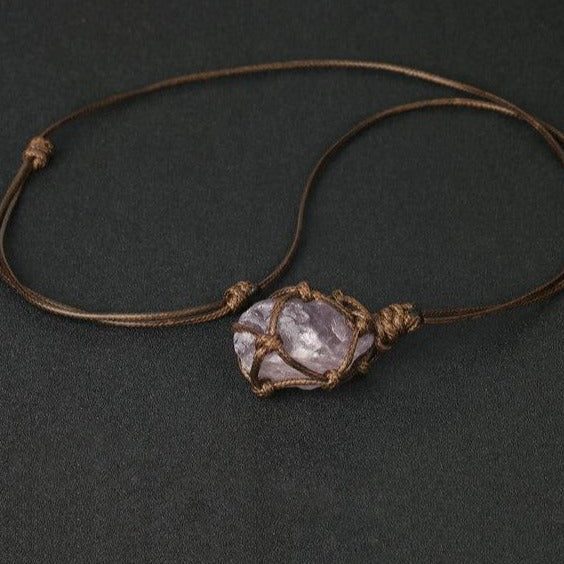 Natural Stone Rope Wrap Necklace Irregular Rose Crystal Quartz Pendant Necklaces Adjustable Women Girl Vintage Jewelry G317