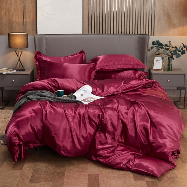 Bedding Set Solid Color Luxury Bedding Kit Rayon Satin Duvet Cover Set