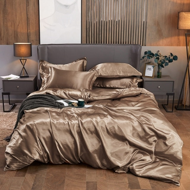 Bedding Set Solid Color Luxury Bedding Kit Rayon Satin Duvet Cover Set
