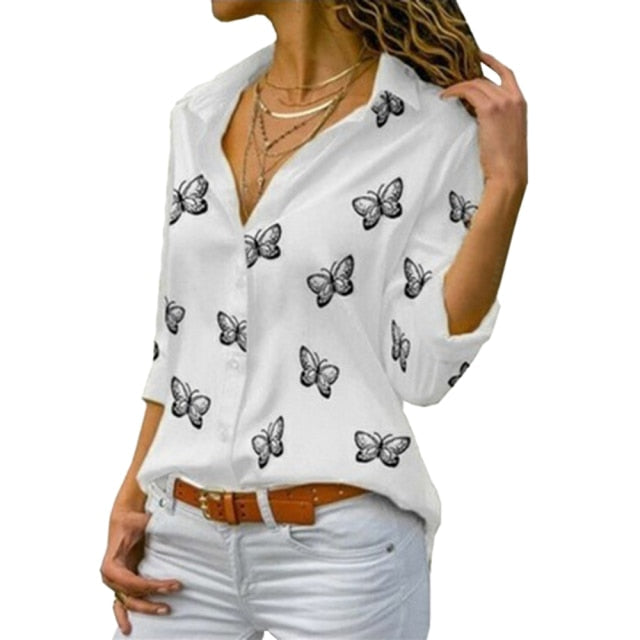 Butterfly Print Blouse Shirt Long Sleeve V Neck Ladies Buttons Tops Loose Blouses