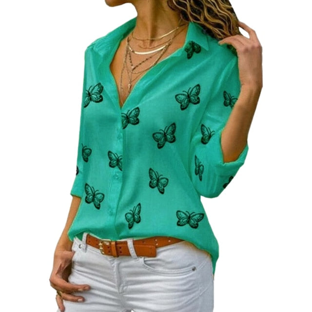 Butterfly Print Blouse Shirt Long Sleeve V Neck Ladies Buttons Tops Loose Blouses