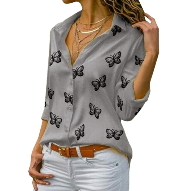 Butterfly Print Blouse Shirt Long Sleeve V Neck Ladies Buttons Tops Loose Blouses