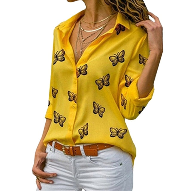 Butterfly Print Blouse Shirt Long Sleeve V Neck Ladies Buttons Tops Loose Blouses