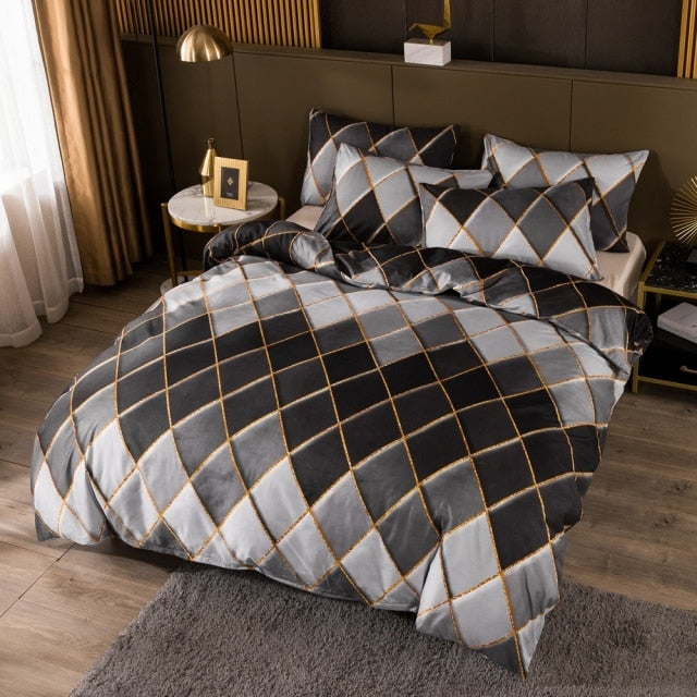 Nordic Geometric Plaid Gilt Duvet Cover Set Bedding Sets Pillowcase Double Queen Quilt Covers (No Bed Sheet)