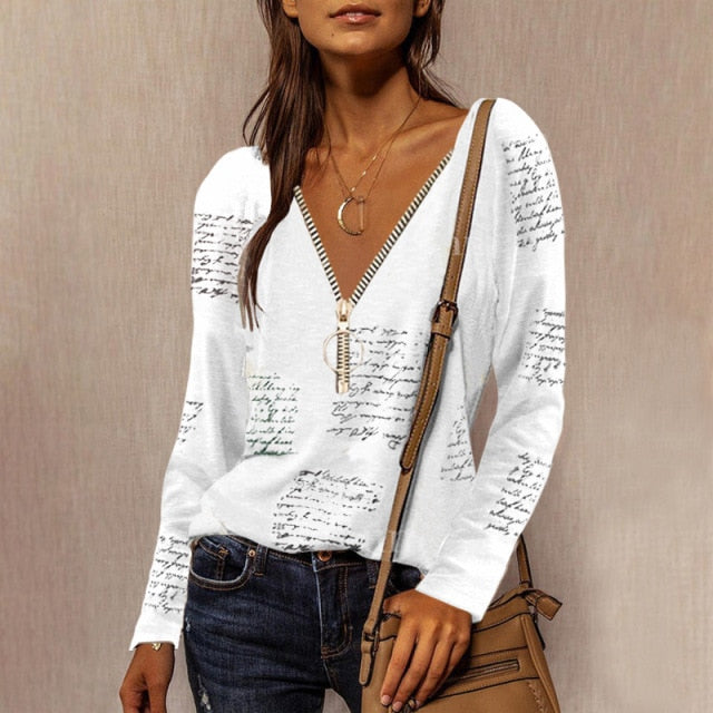 Ladies Zipper V-Neck English Printing Long-sleeved Casual Loose Top T-Shirt Women Clothing