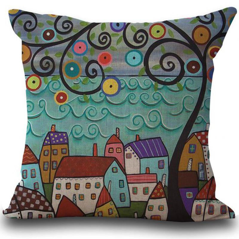 Hand Painted Abstract House Trees Linen Cotton Decorative Pillow Cushion For Home Gifts
