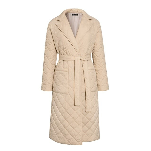 Long straight winter coat with rhombus pattern Casual sashes women parkas Deep pockets tailored collar stylish outerwear