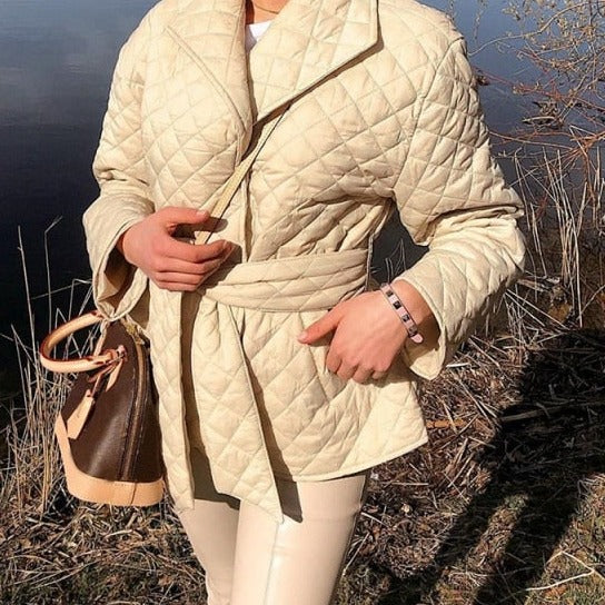 Long straight winter coat with rhombus pattern Casual sashes women parkas Deep pockets tailored collar stylish outerwear