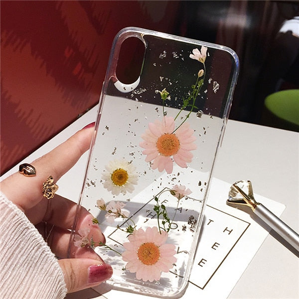 Dried Flower Silver foil Clear Phone Cases For iPhone 13 12 11 Pro Max XS Max XR X 6S 7 8 Plus SE Soft Silicone Cover