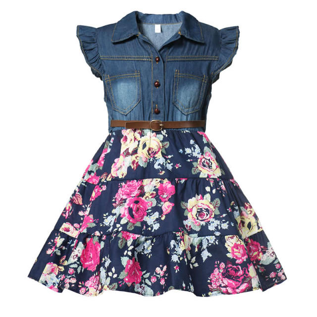 Girls Denim Floral Dress Summer Party Dress with Belt Children Flying Short Sleeve Casual Clothing Baby Girl Kids Fashion Outfit