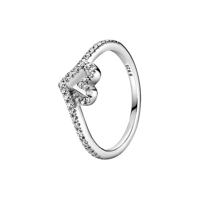 The New Silver Color Style Rings Flower Feather Beaded Heart Moon Sparkling Rings Women Europe 925 Silver Jewelry