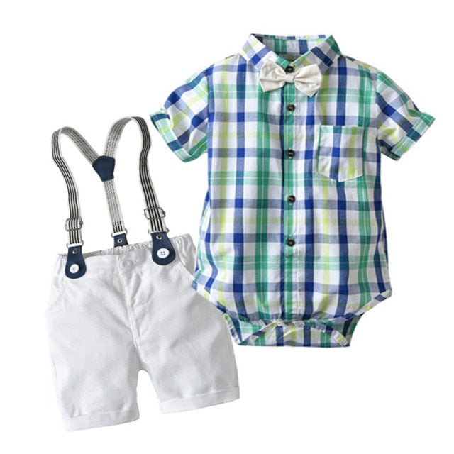 Baby Boy Clothes Summer Gentleman Birthday Suits Newborn Party Dress Soft Cotton Solid Rmper + Belt Pants Infant Toddler Set