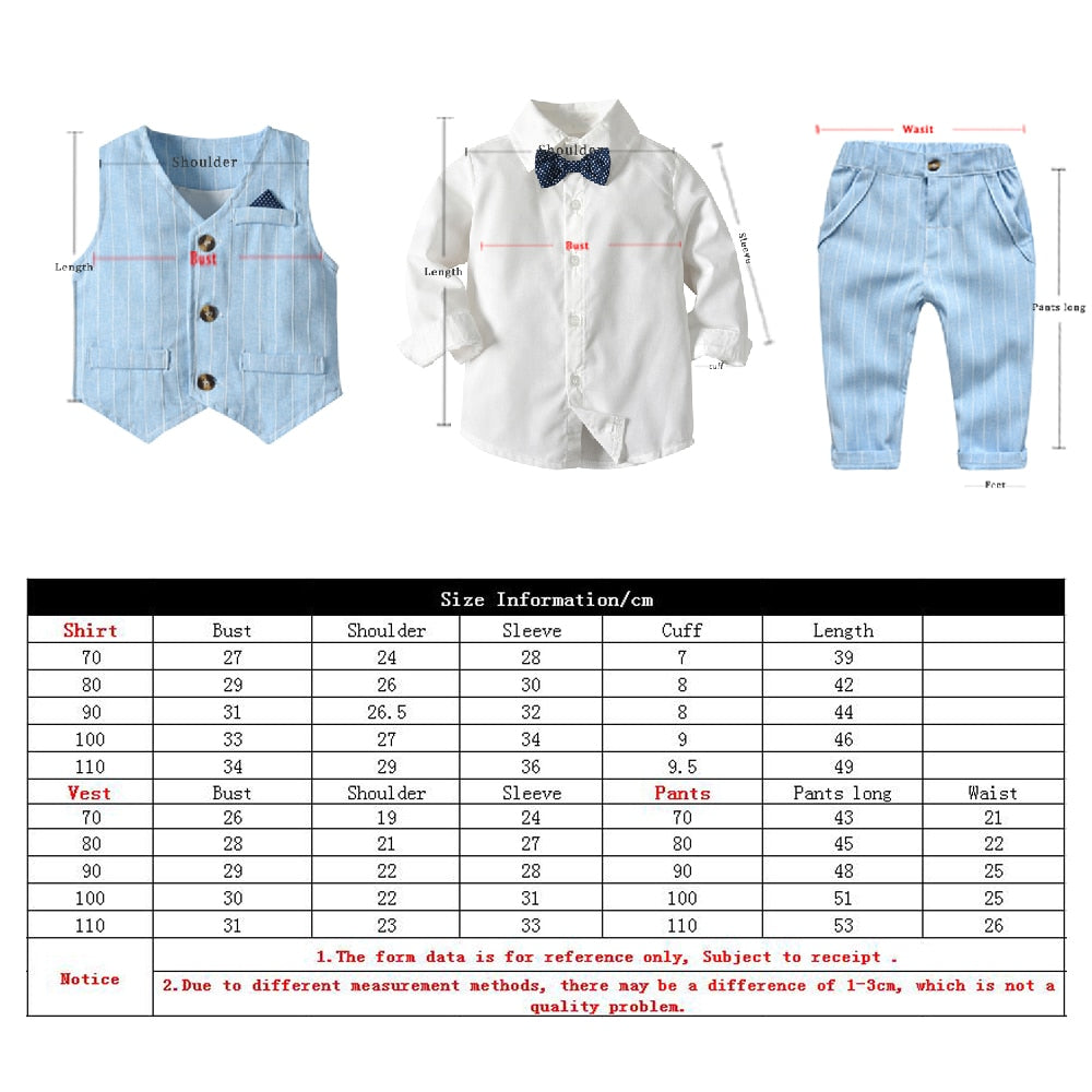 Baby Boy Gentleman Suit White Shirt with Bow 3Pcs Formal Kids Clothes Set