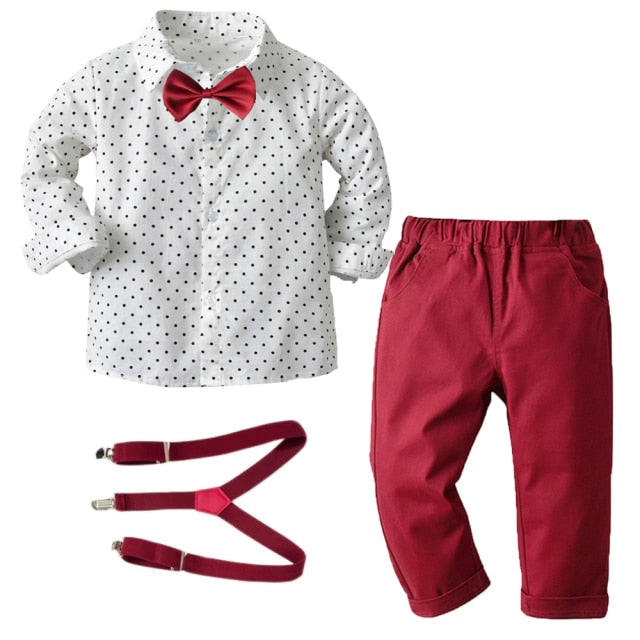 Suit Boy Clothing Sets Birthday Wedding Toddler Boys Clothes Bow Star Shirt + Red Pant + Belt Kids Party Outfit