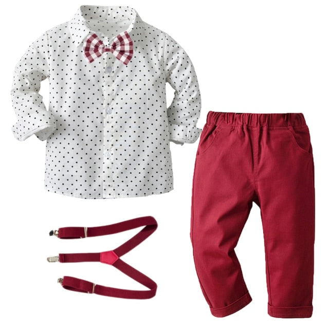 Suit Boy Clothing Sets Birthday Wedding Toddler Boys Clothes Bow Star Shirt + Red Pant + Belt Kids Party Outfit