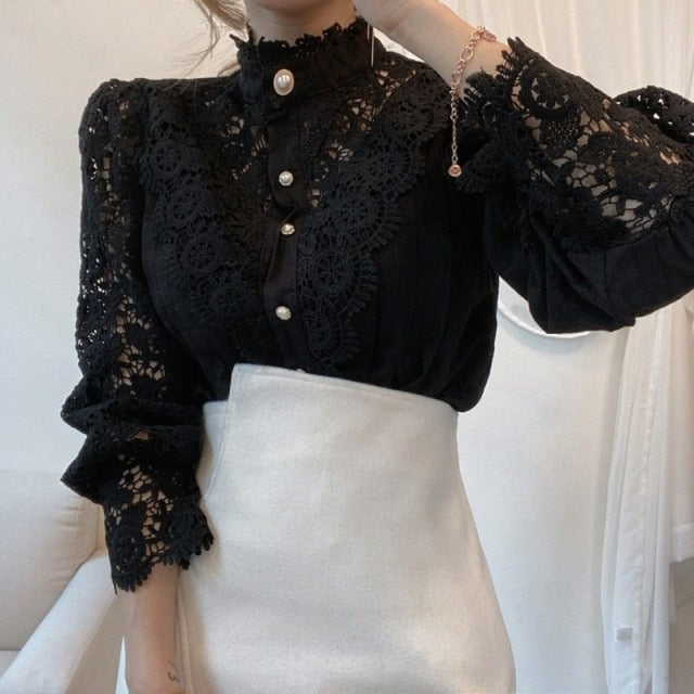 Petal Sleeve Stand Collar Hollow Out Flower Lace Patchwork Shirt All-match Women Lace Blouse Button White Top