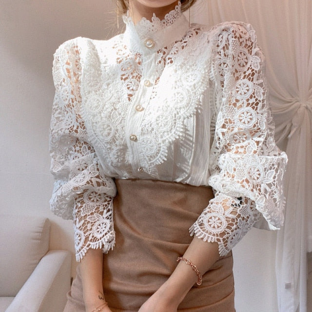Petal Sleeve Stand Collar Hollow Out Flower Lace Patchwork Shirt All-match Women Lace Blouse Button White Top