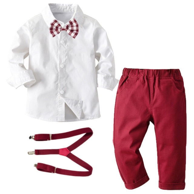 Suit Boy Clothing Sets Birthday Wedding Toddler Boys Clothes Bow Star Shirt + Red Pant + Belt Kids Party Outfit