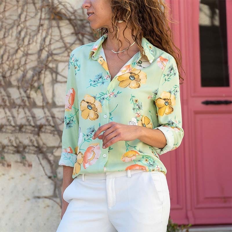 Floral Print Shirt Tops Ladies Fashion Turn-down Collar Long Sleeve Elegant Office Work Blouse Women Oversized