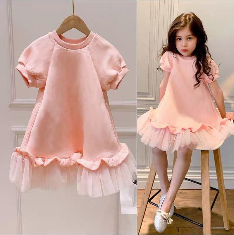 Child Girl Pink Western Style Medium and Large Girls Mesh Short Sleeve Princess Dress