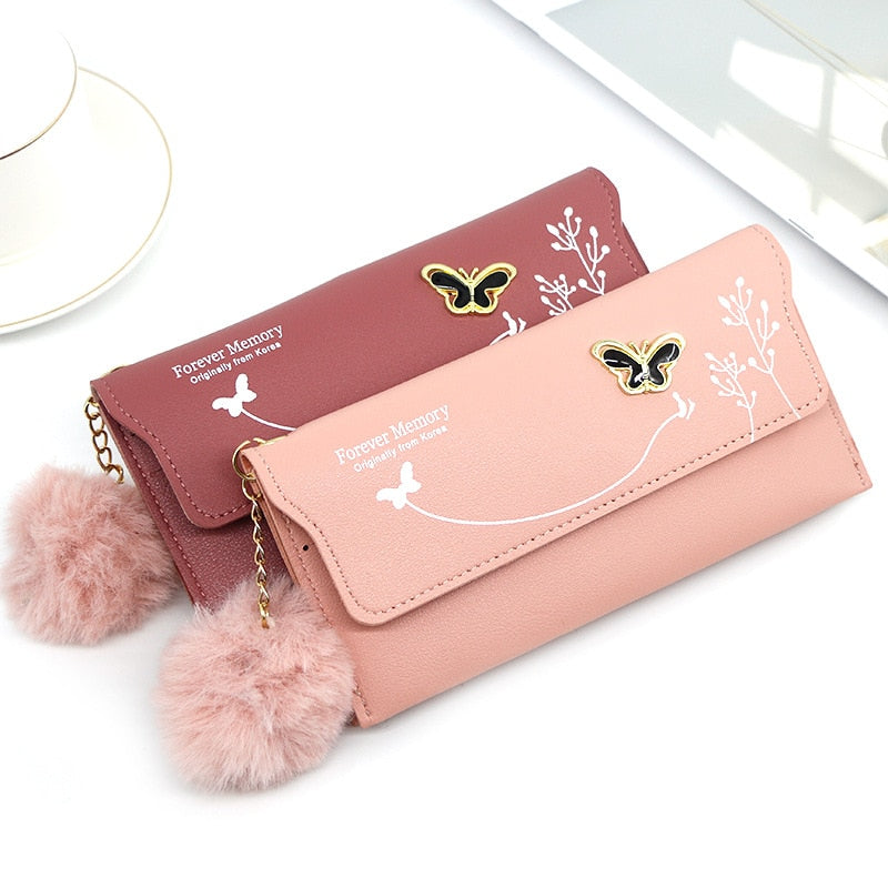 Fashionable New Women Long Wallets Pure Color Wool Ball Bow Clutch Bag Women&#39;s Long Bag Card Bag Coin Purse
