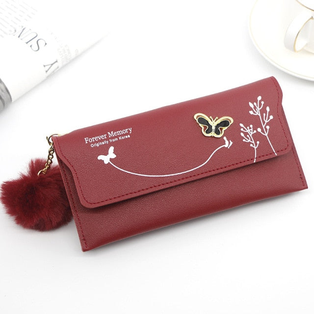 Fashionable New Women Long Wallets Pure Color Wool Ball Bow Clutch Bag Women&#39;s Long Bag Card Bag Coin Purse