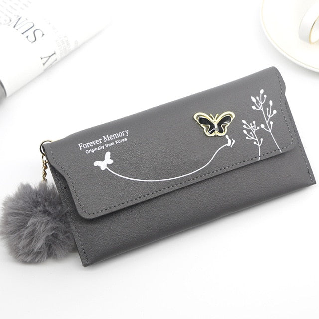 Fashionable New Women Long Wallets Pure Color Wool Ball Bow Clutch Bag Women&#39;s Long Bag Card Bag Coin Purse
