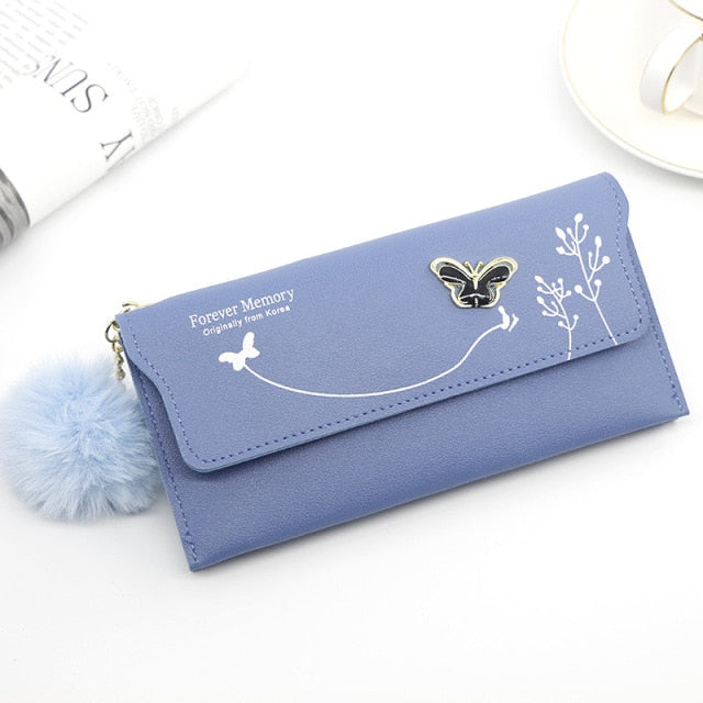 Fashionable New Women Long Wallets Pure Color Wool Ball Bow Clutch Bag Women&#39;s Long Bag Card Bag Coin Purse