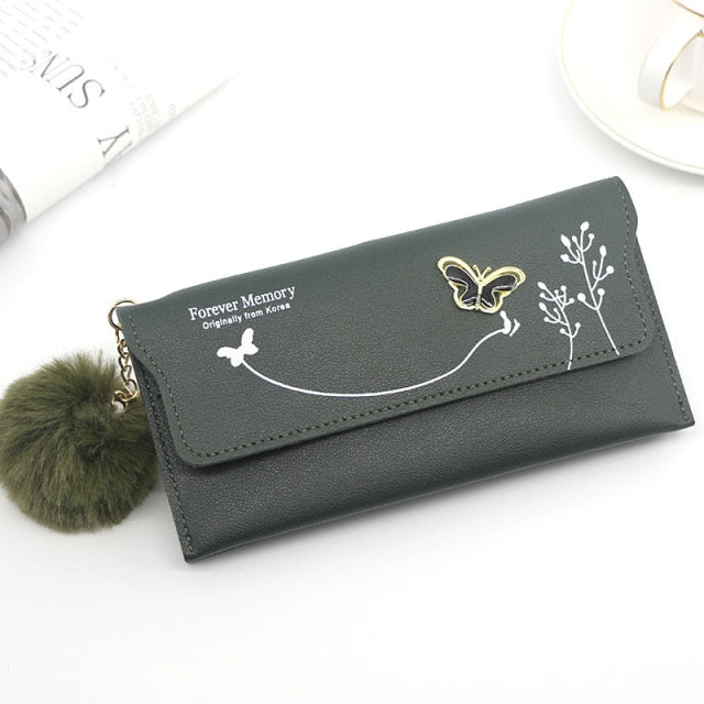 Fashionable New Women Long Wallets Pure Color Wool Ball Bow Clutch Bag Women&#39;s Long Bag Card Bag Coin Purse