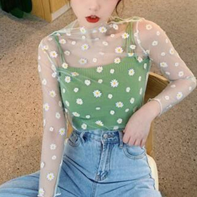 Women Long Sleeve See Through Mesh Fishnet Casual Top Tee Shirt Sheer Black Lace Star Dots