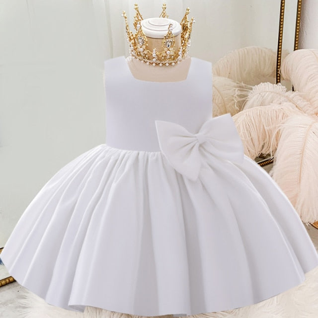 White Wedding Satin Princess Baby Girls Dress Bow 1st Birthday Evening Party Infant Christening Dress for Girl Gala Kid Clothes