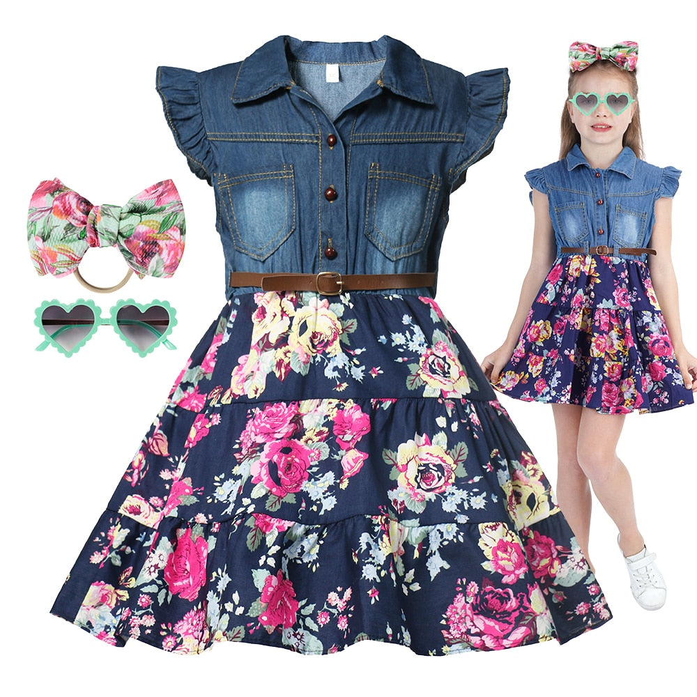 Girls Denim Floral Dress Summer Party Dress with Belt Children Flying Short Sleeve Casual Clothing Baby Girl Kids Fashion Outfit