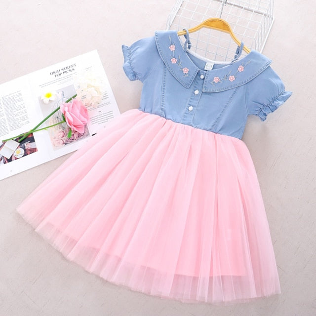 Girls Denim Floral Dress Summer Party Dress with Belt Children Flying Short Sleeve Casual Clothing Baby Girl Kids Fashion Outfit
