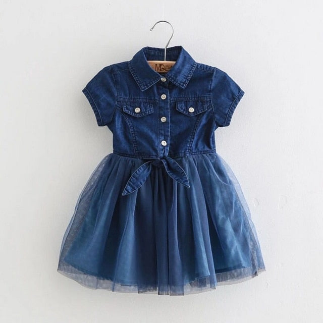 Girls Denim Floral Dress Summer Party Dress with Belt Children Flying Short Sleeve Casual Clothing Baby Girl Kids Fashion Outfit