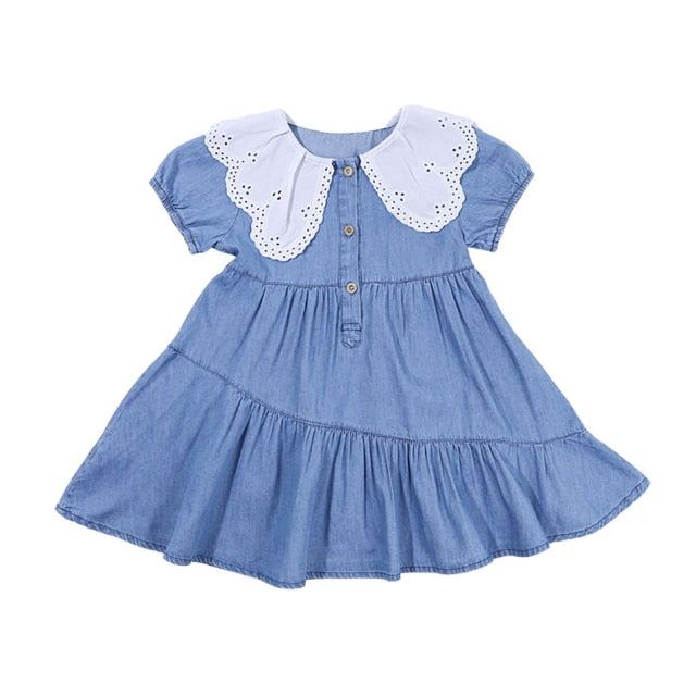 Girls Denim Floral Dress Summer Party Dress with Belt Children Flying Short Sleeve Casual Clothing Baby Girl Kids Fashion Outfit