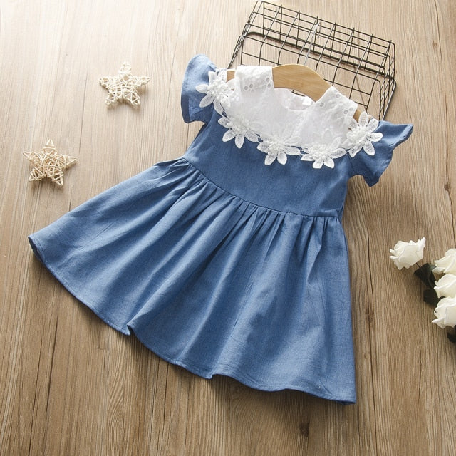 Girls Denim Floral Dress Summer Party Dress with Belt Children Flying Short Sleeve Casual Clothing Baby Girl Kids Fashion Outfit