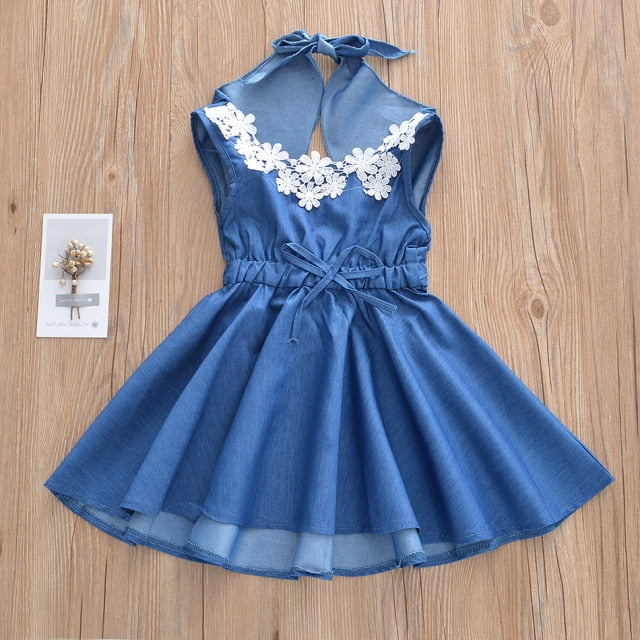 Girls Denim Floral Dress Summer Party Dress with Belt Children Flying Short Sleeve Casual Clothing Baby Girl Kids Fashion Outfit