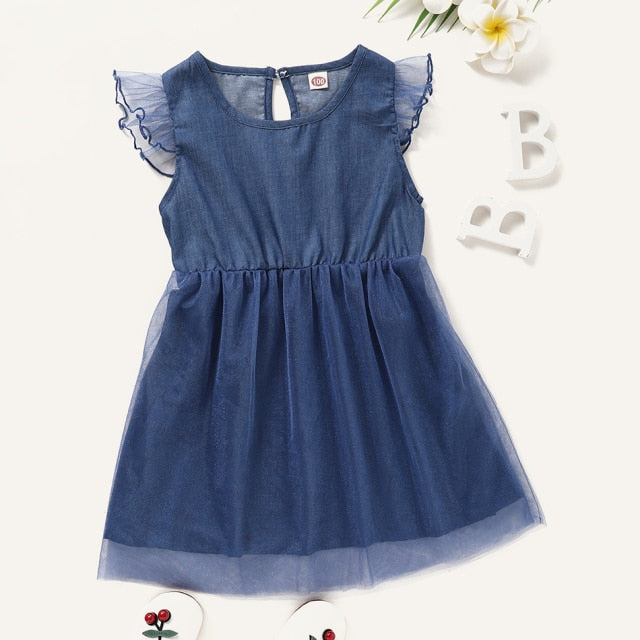 Girls Denim Floral Dress Summer Party Dress with Belt Children Flying Short Sleeve Casual Clothing Baby Girl Kids Fashion Outfit